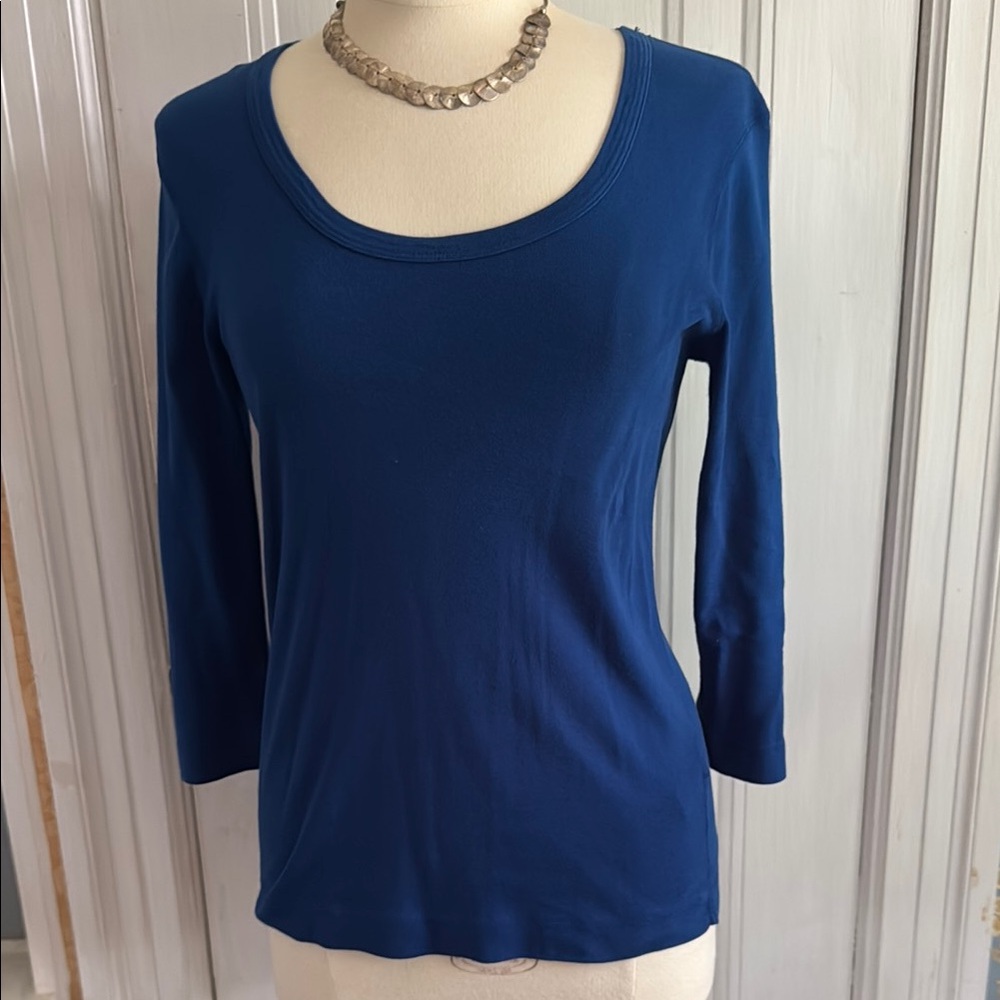 Three Dots Blue Fitted Blouse with 3/4 Sleeves